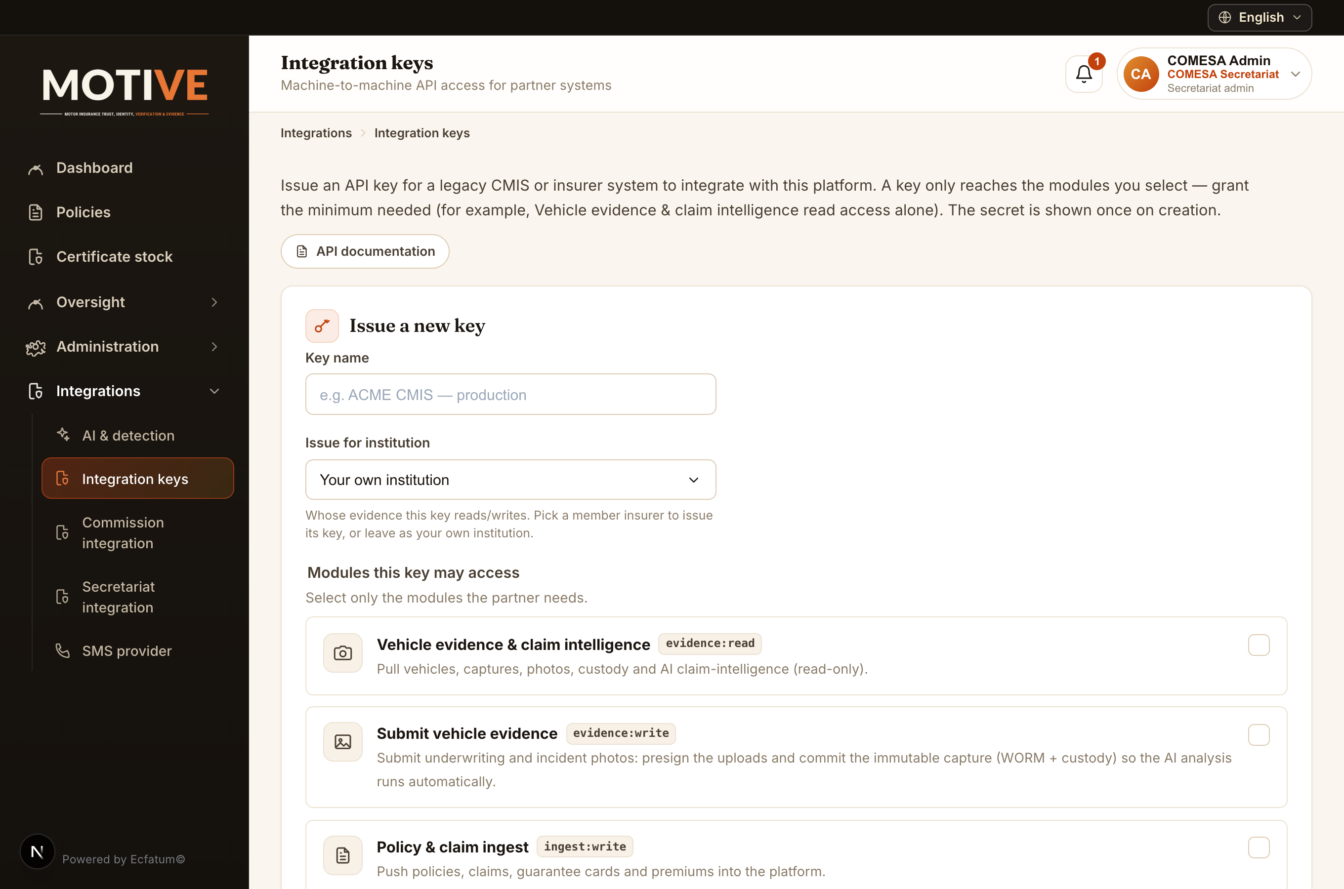 The Integration keys screen for issuing scoped API tokens